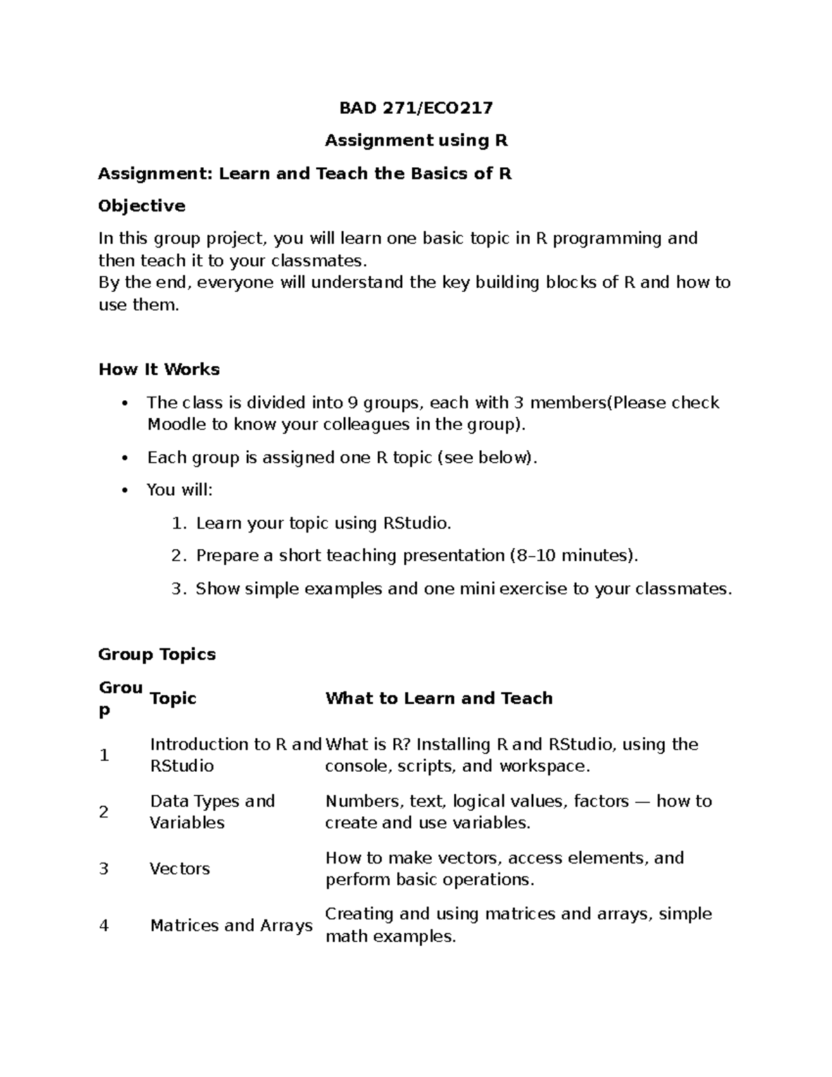 R Assignment: Basics of R Programming - Group Project Overview - Studocu