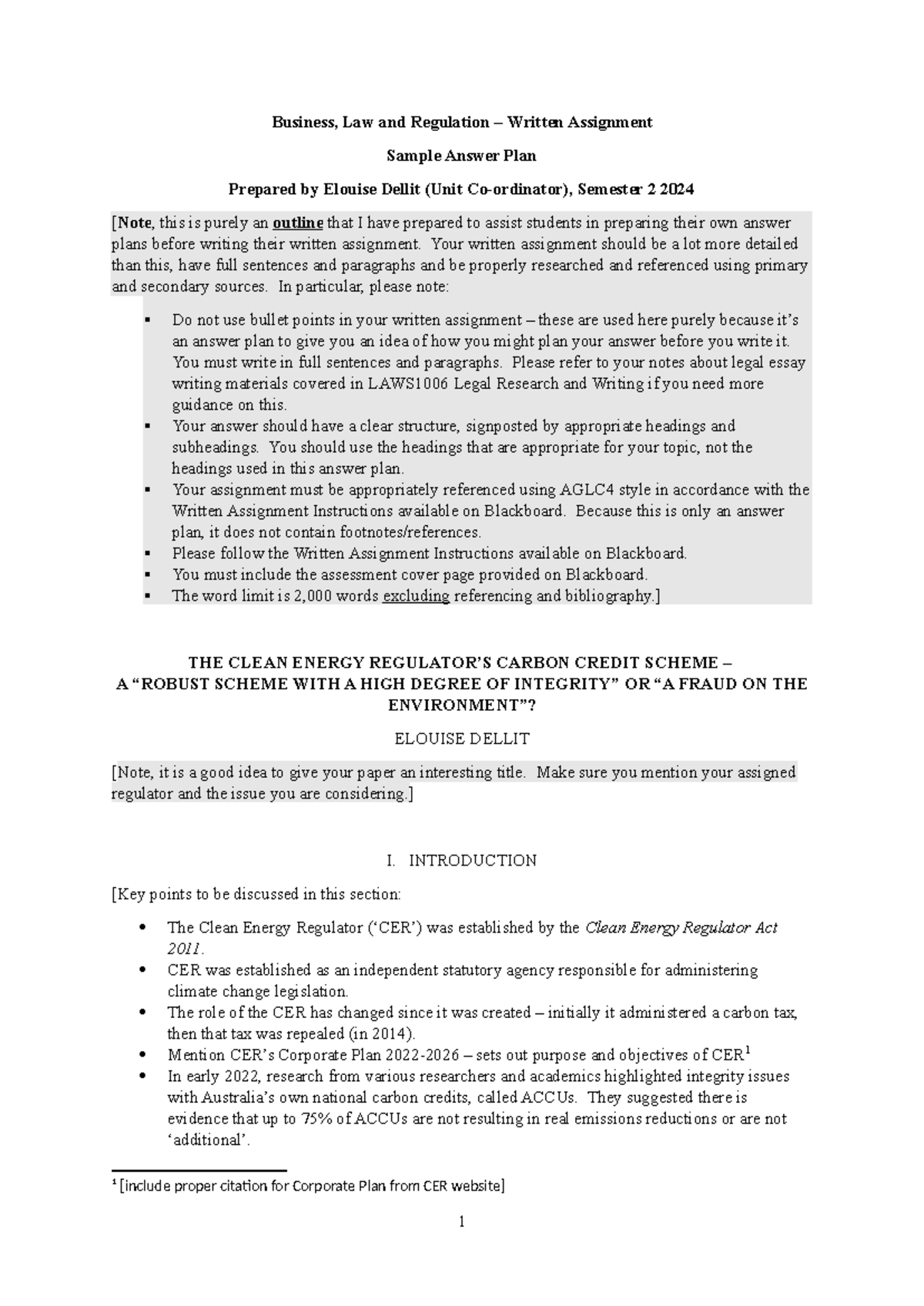BLR - Sample Answer Plan for Written Assignment on Carbon Credit Scheme ...