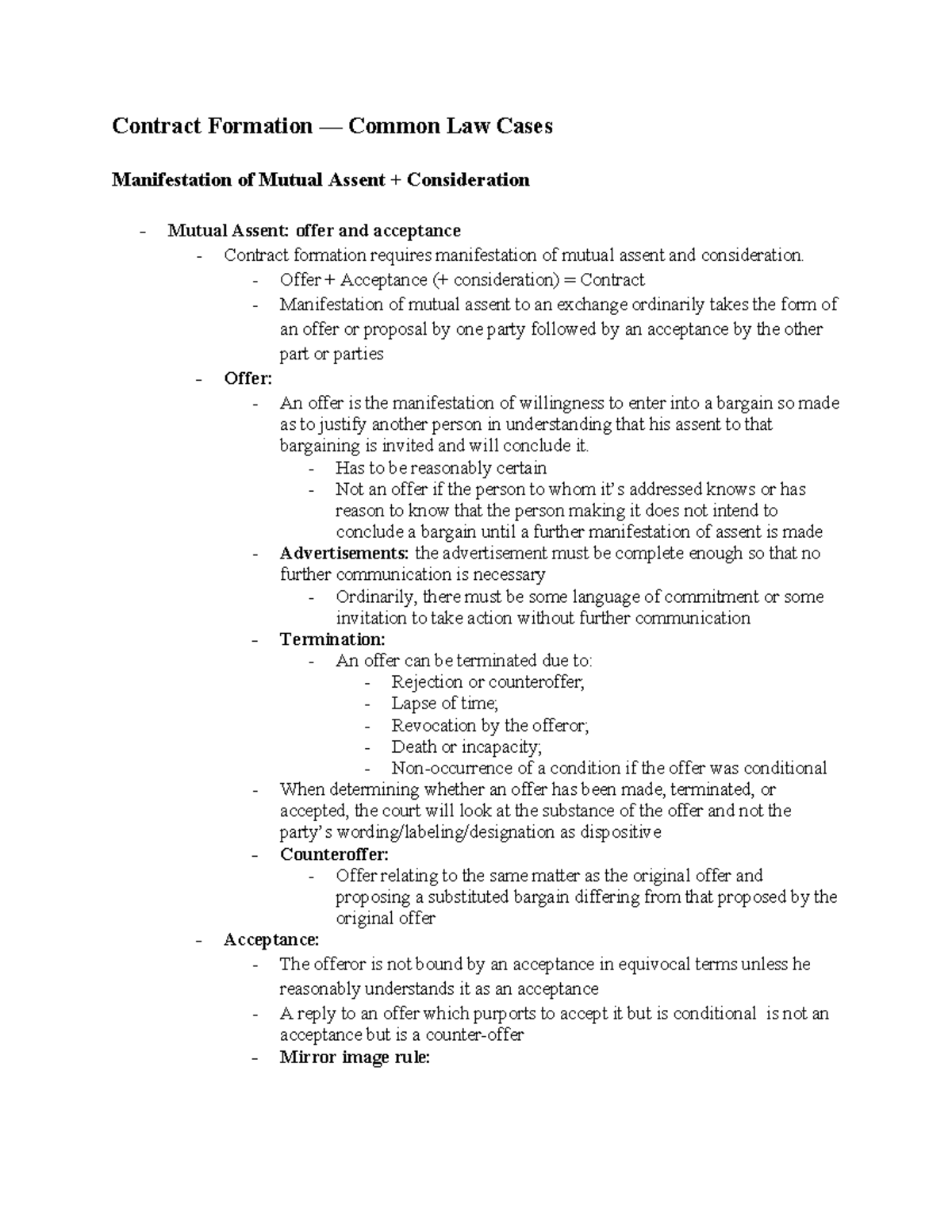 Contracts Outline: Common Law Cases on Mutual Assent & Consideration ...