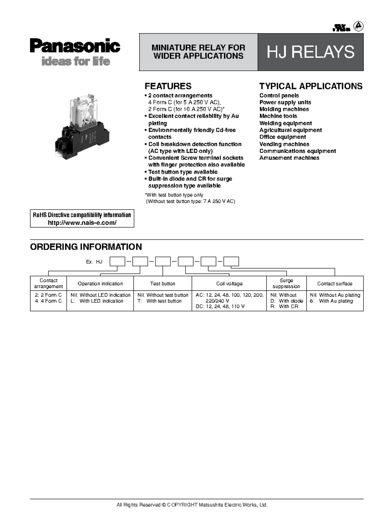 HJ4 L DC24V Panasonic Miniature Relay: Features & Applications - Studocu