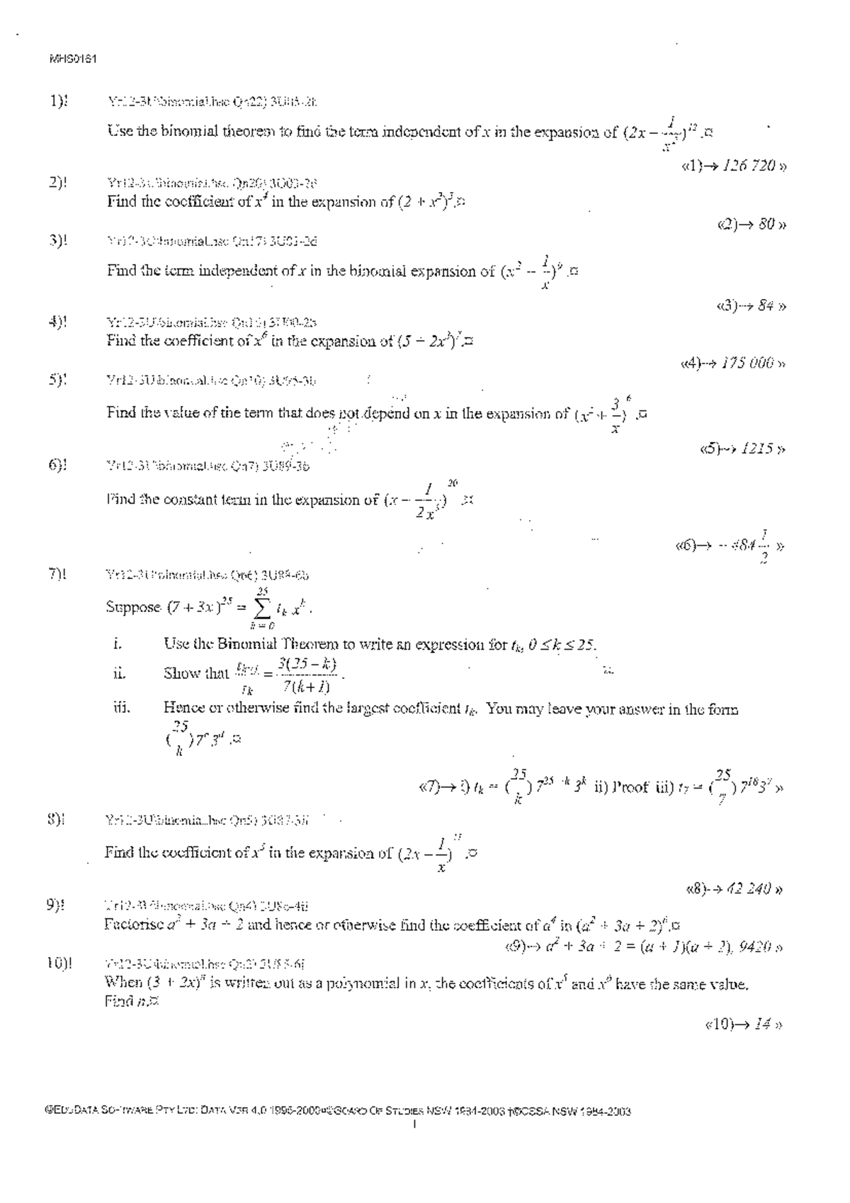 MHS0161 Binomial Theorem: Past HSC Questions & Solutions - Studocu