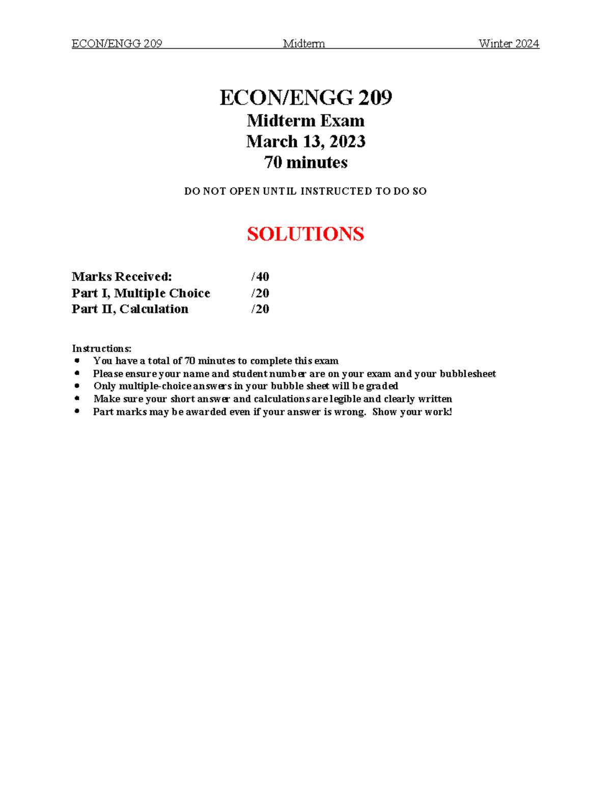 ECON 209 Midterm Exam Solutions - March 2023 - W24 - Studocu