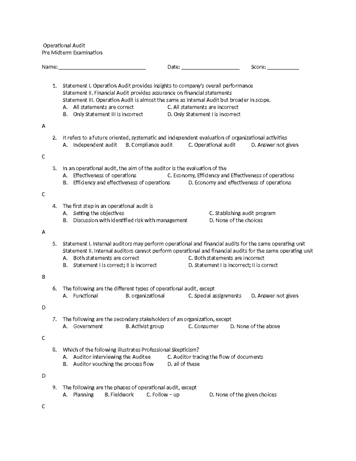 Operation Audit Pre Midterm Exam Review Notes - Studocu