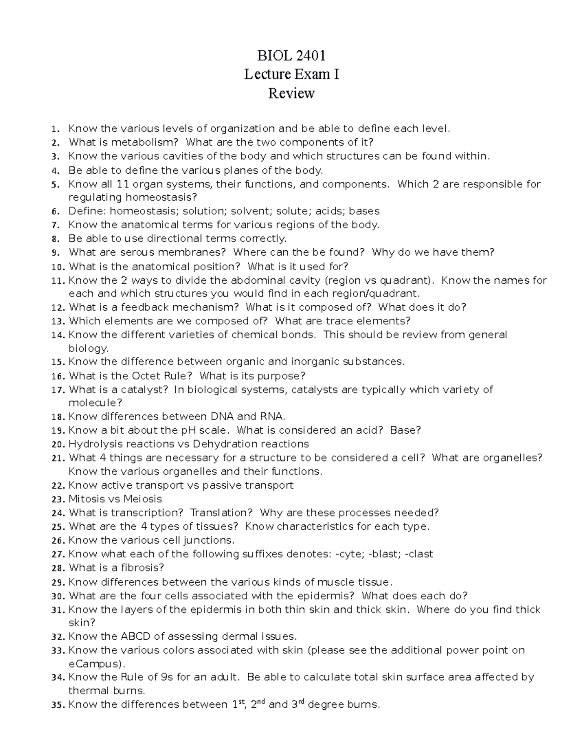 BIOL 2401 Lecture Exam I Review Guide and Key Concepts - Studocu