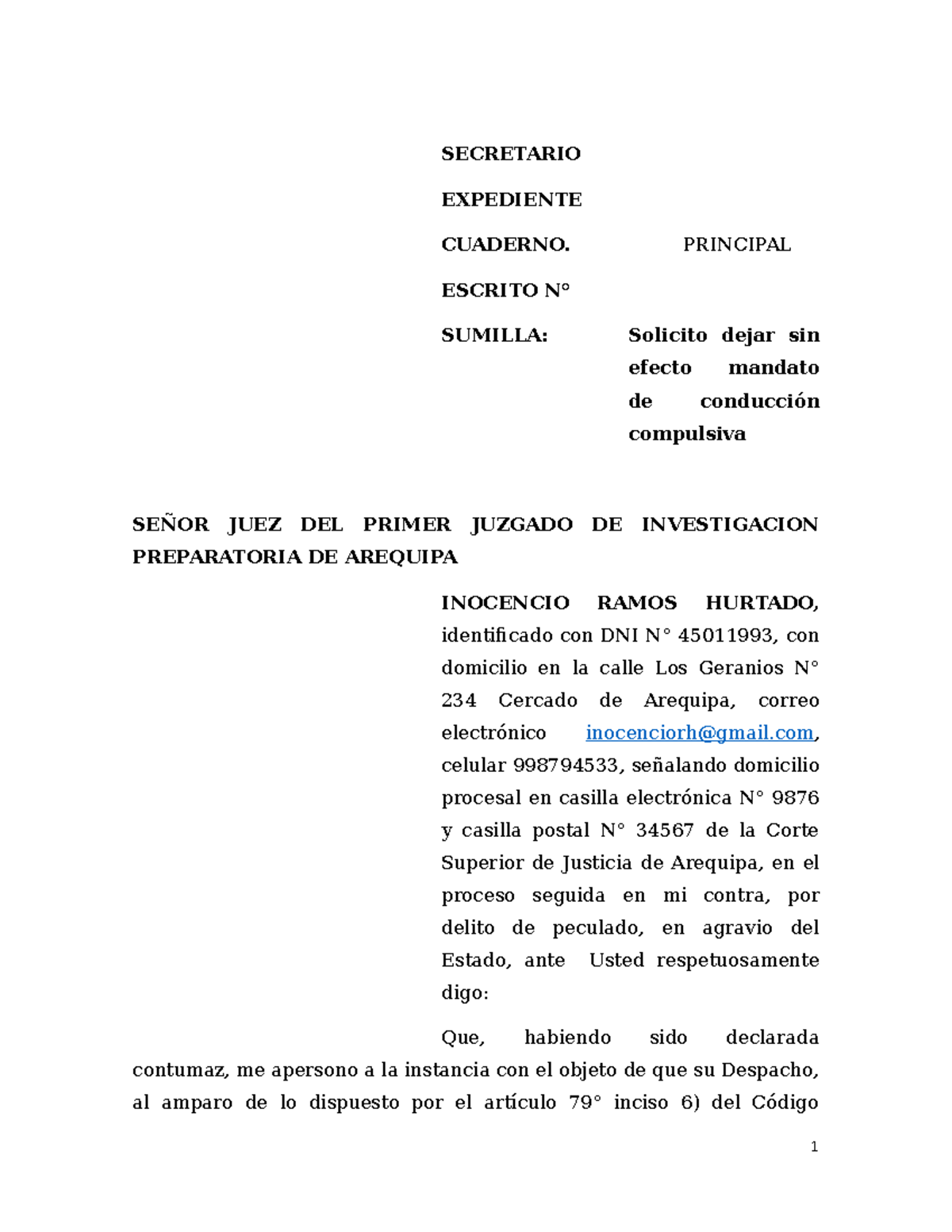 Modelo de Escrito Contumaz para Dejar Sin Efecto Mandato de Conducción ...