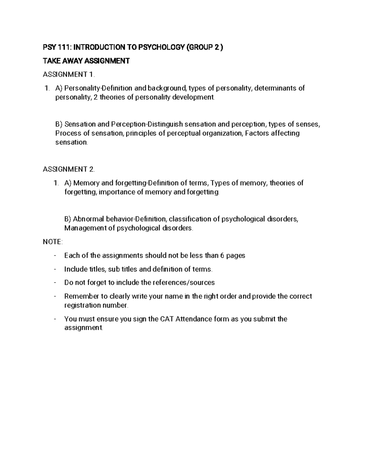 PSY 111 Takeaway Assignments: Personality, Sensation, Memory, and ...