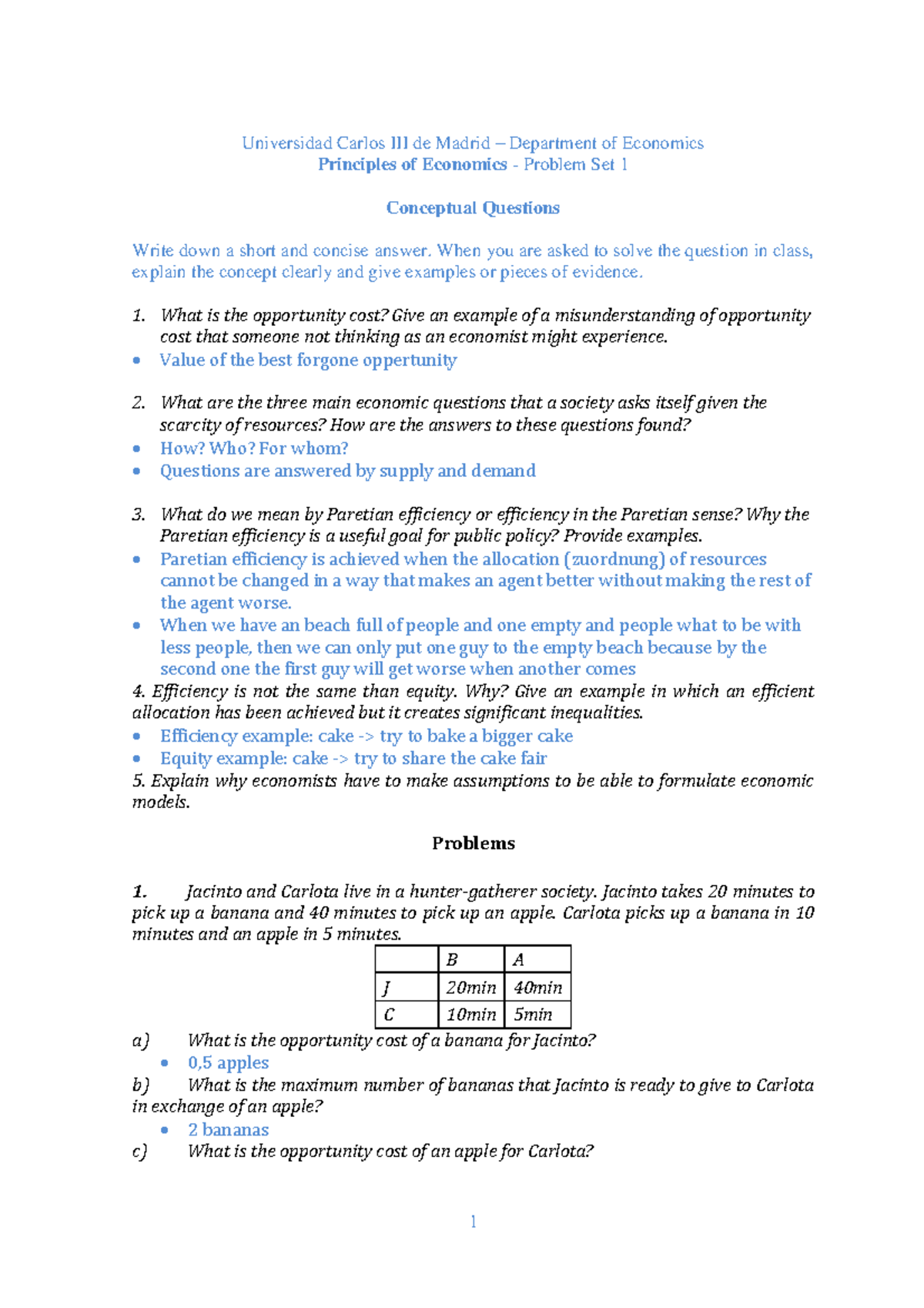 Principles of Economics - Problem Set 1: Key Concepts and Applications ...