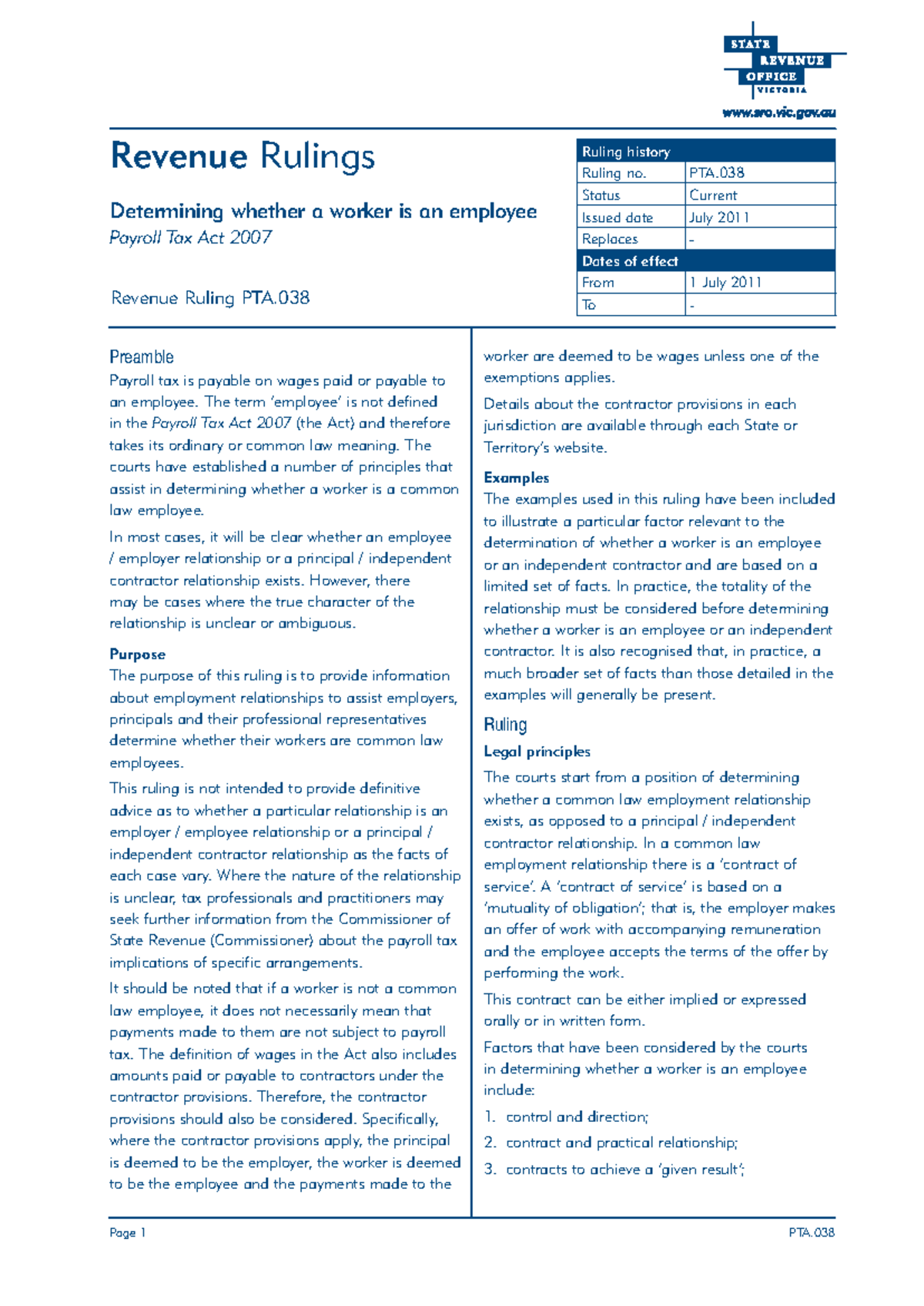 Revenue Ruling PTA.038: Employee vs. Independent Contractor Analysis ...