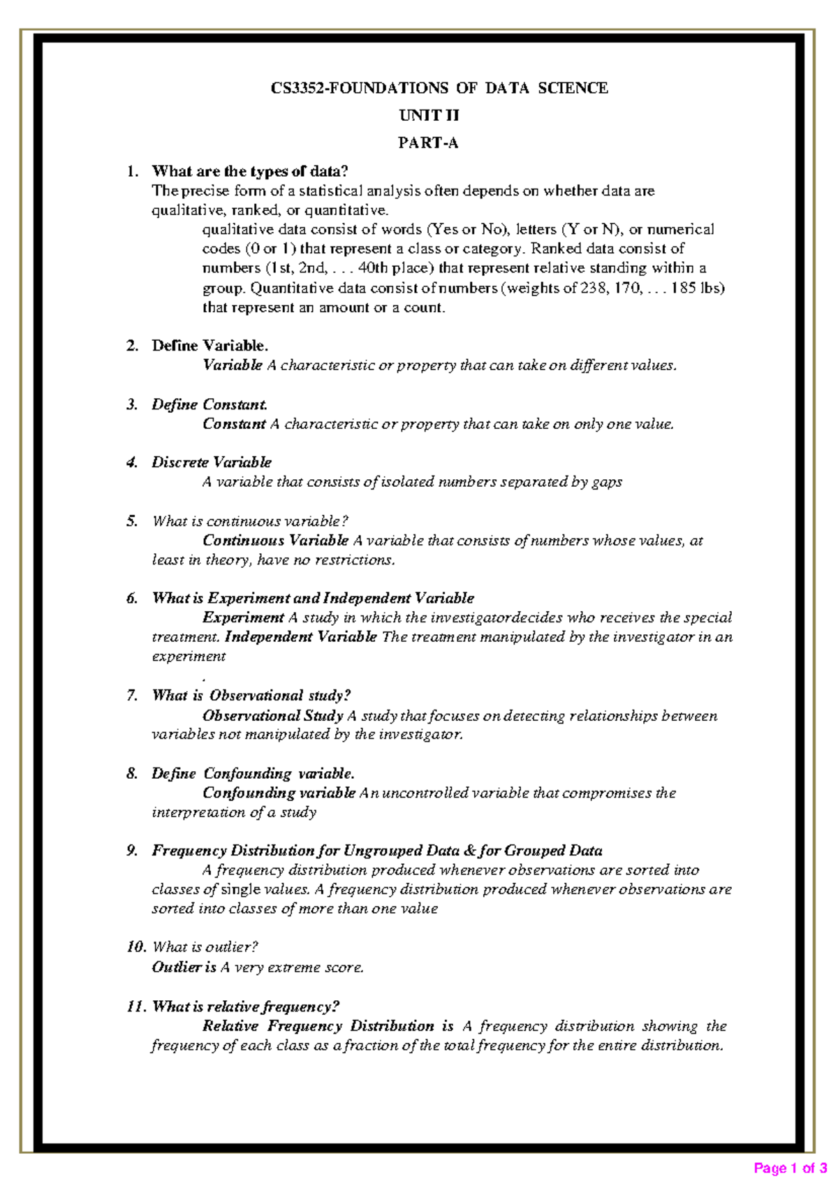 Unit II FDS: Types of Data, Variables, and Statistical Concepts - Studocu