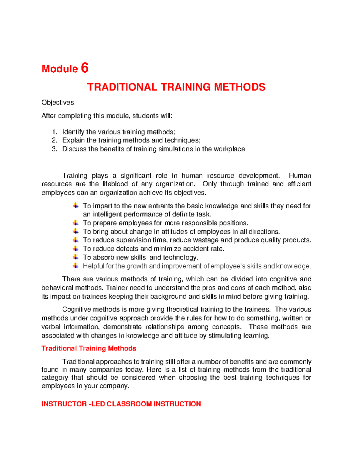 Traditional Training Methods - Module 6 TRADITIONAL TRAINING METHODS ...
