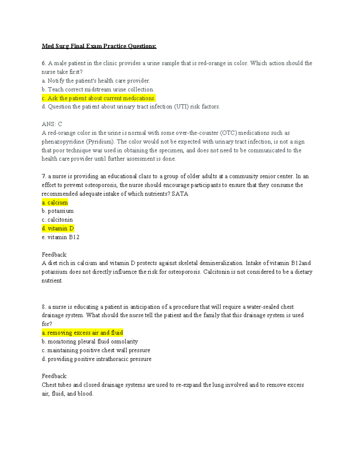 Final Exam Med Surg Practice Questions and Answers - Studocu