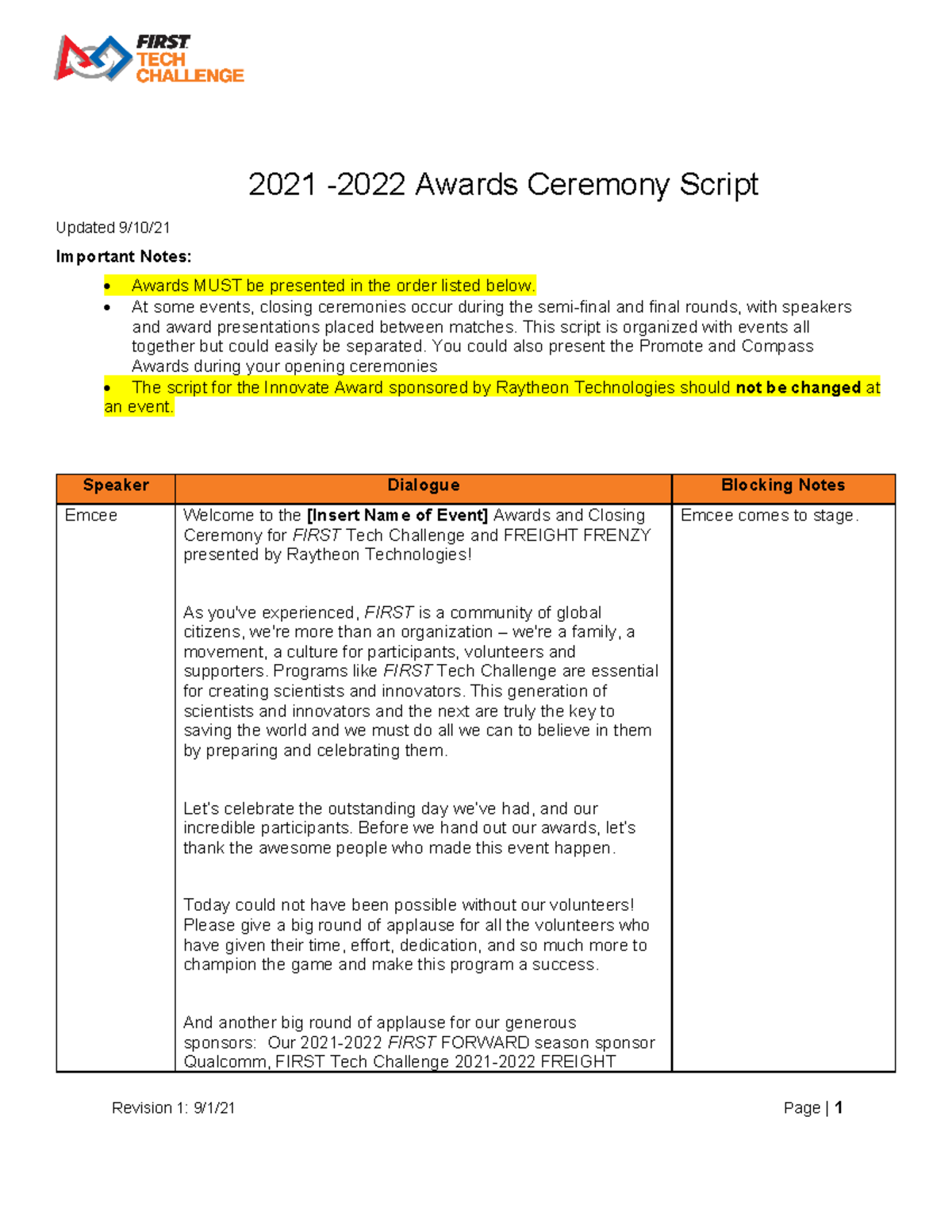 2021-2022 FIRST Tech Challenge Awards Ceremony Script - Studocu