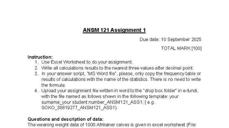 ANSM 121 Assignment 1: Weaning Weight Data Analysis 2025 - Studocu