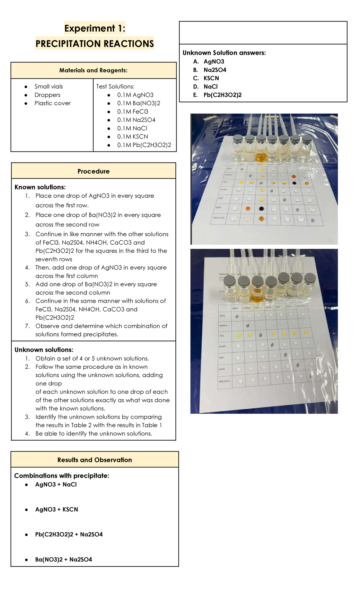Experiment 1: Precipitation Reactions and Observations - Studocu
