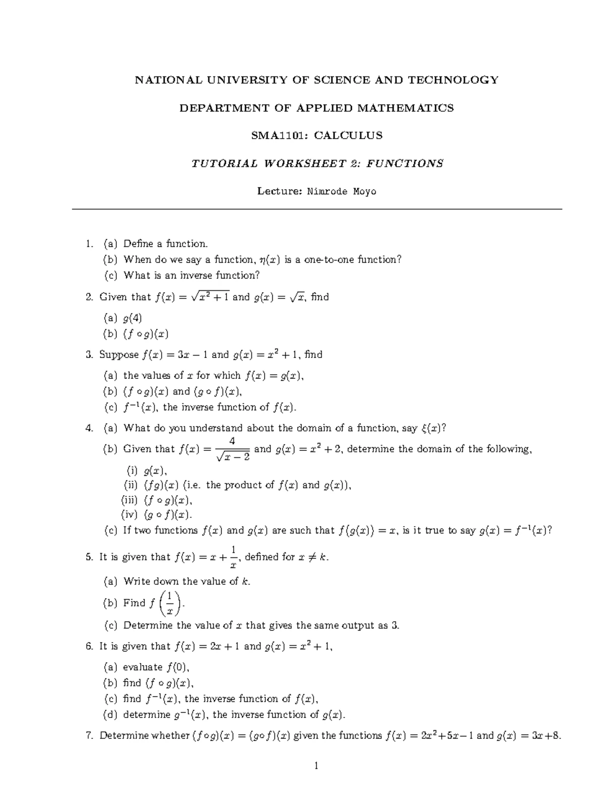 SMA1101 Calculus Tutorial Worksheet 2: Understanding Functions - Studocu