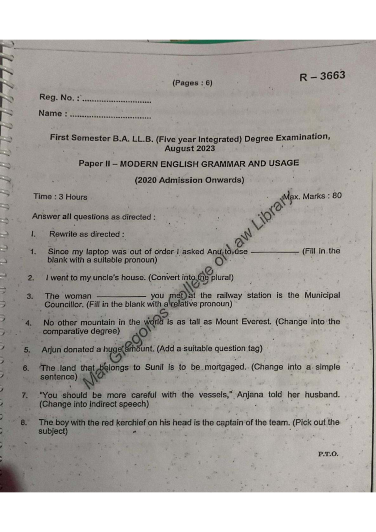 B.A. LL.B. 1st Sem. Exam Aug 2023: Modern English Grammar Paper II ...