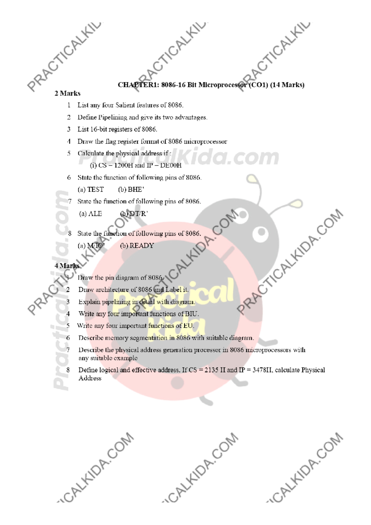 MIC 314321 Chapter-wise Question Bank for 8086 Microprocessor (CO1-CO4 ...