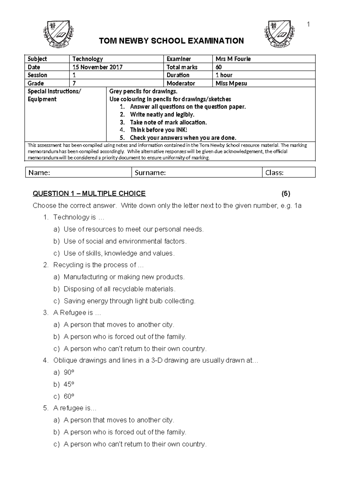 Grade 7 Technology Exam (TOM) - November 2017 - Studocu