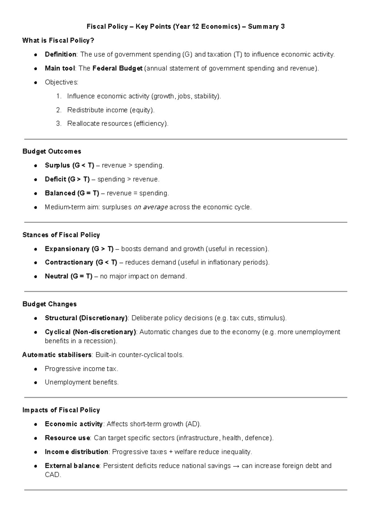 Fiscal Policy Overview and Key Points (Year 12 Economics) Summary - Studocu
