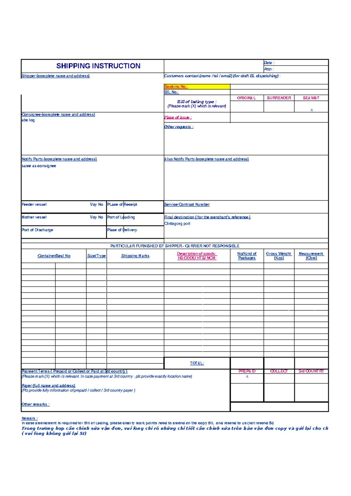 Shipping Instruction Form - SI for Bill of Lading Processing - Studocu
