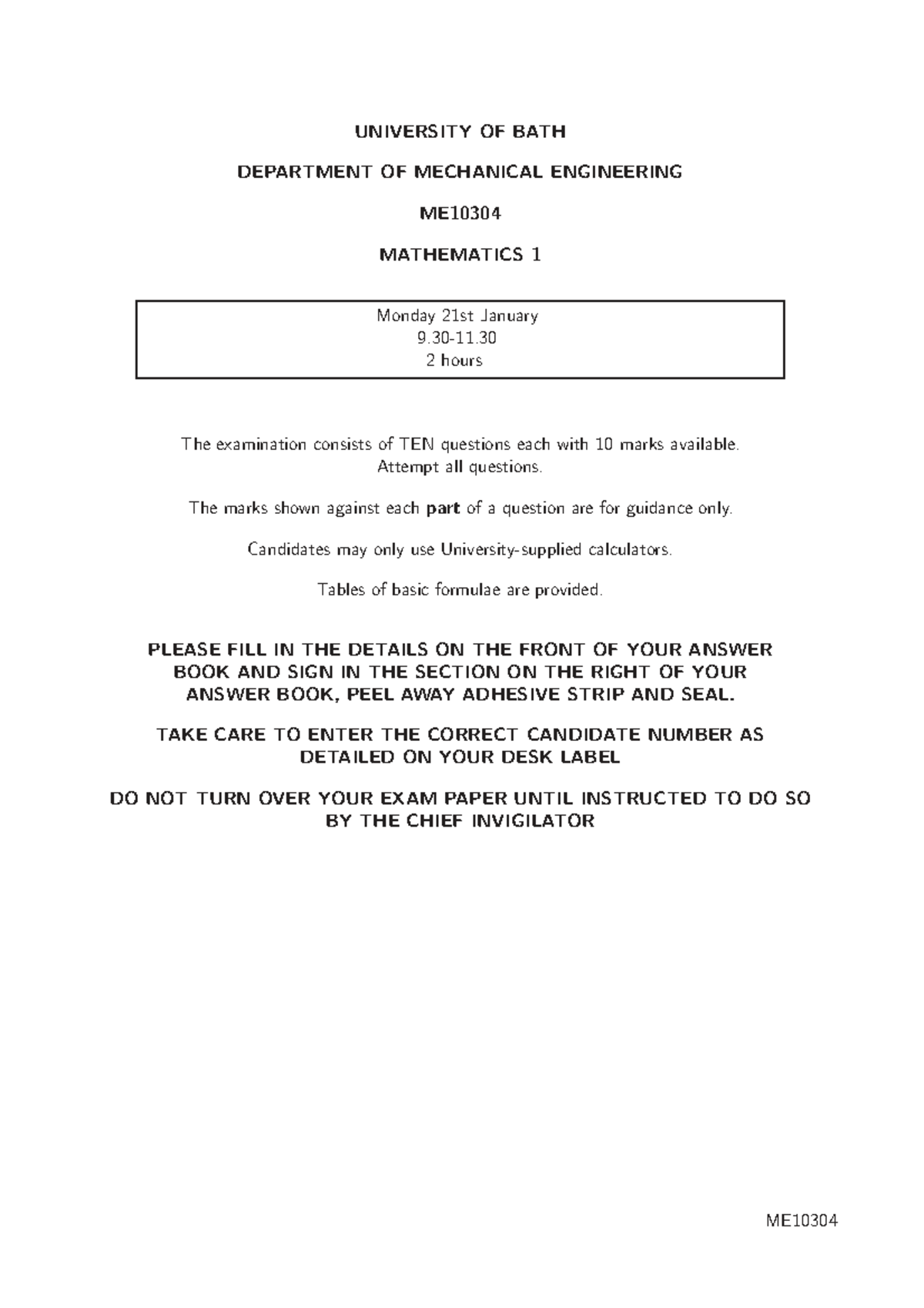 ME10304 Mathematics 1 Final Exam Guidelines and Questions - Studocu