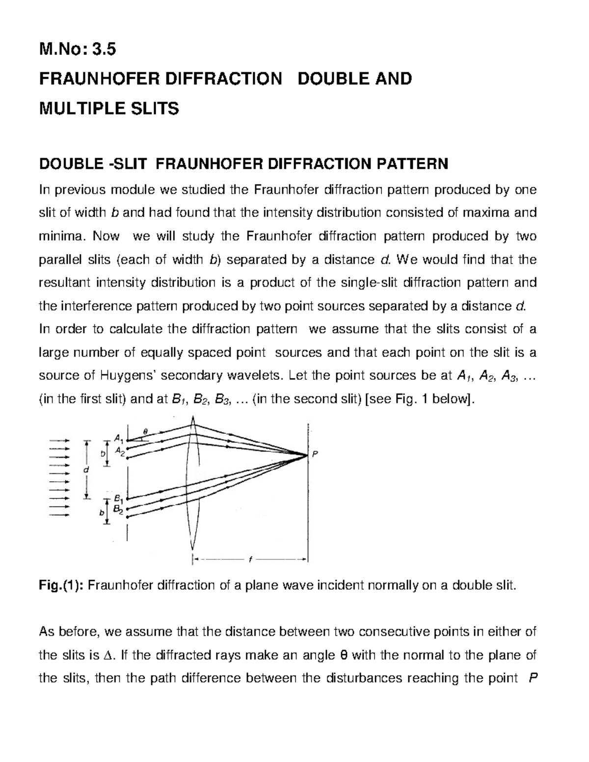 M.No: 3.5 Double and Multiple Slits in Fraunhofer Diffraction - Studocu