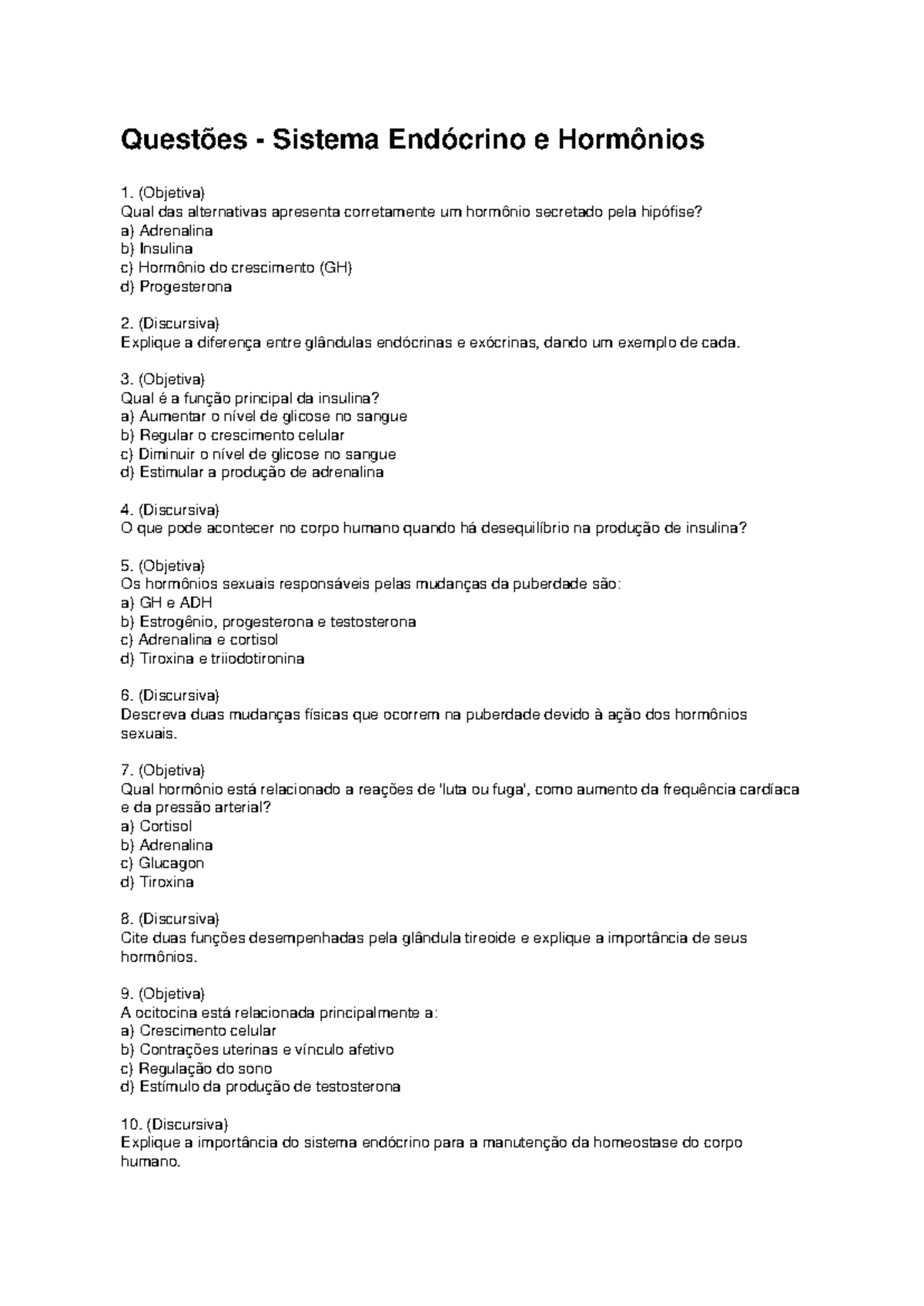 Questões sobre o Sistema Endócrino e Hormônios - Objetivas e ...