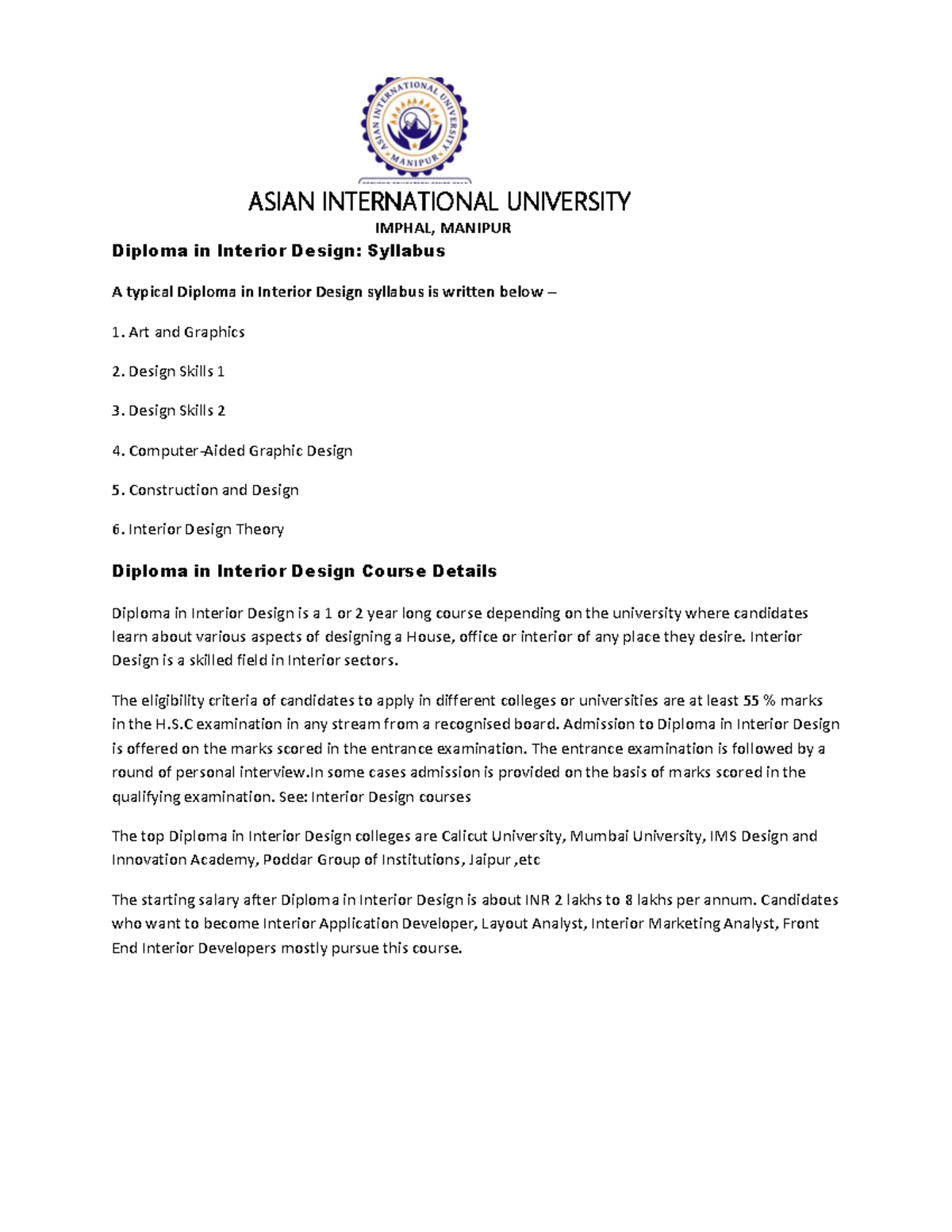 Diploma in Interior Design Syllabus - Interior Design is a skilled ...