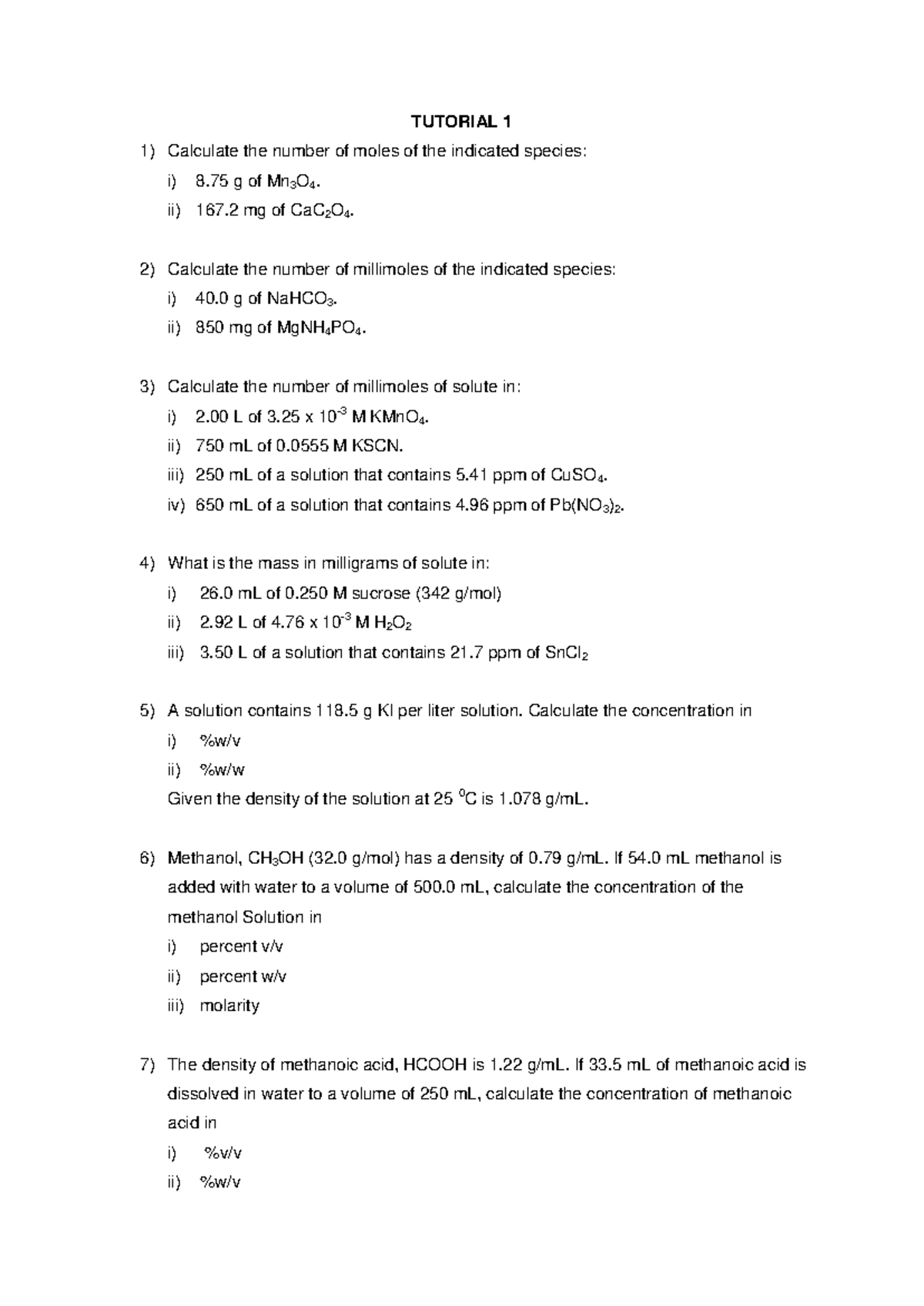 Tutorial 1 - Mole Calculations and Concentration Analysis (CHM256 ...