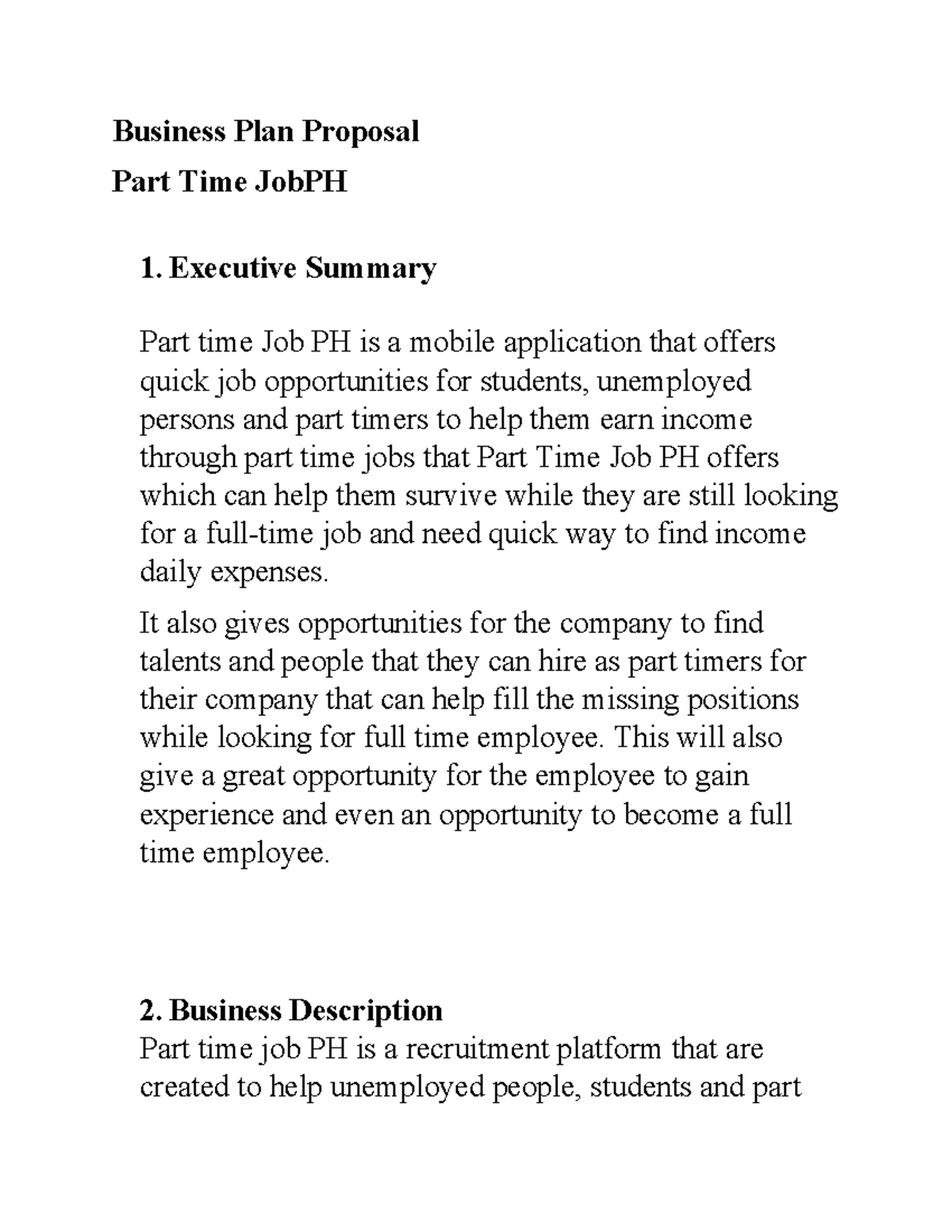 Business Plan Proposal for Part Time Job PH: A Recruitment App - Studocu