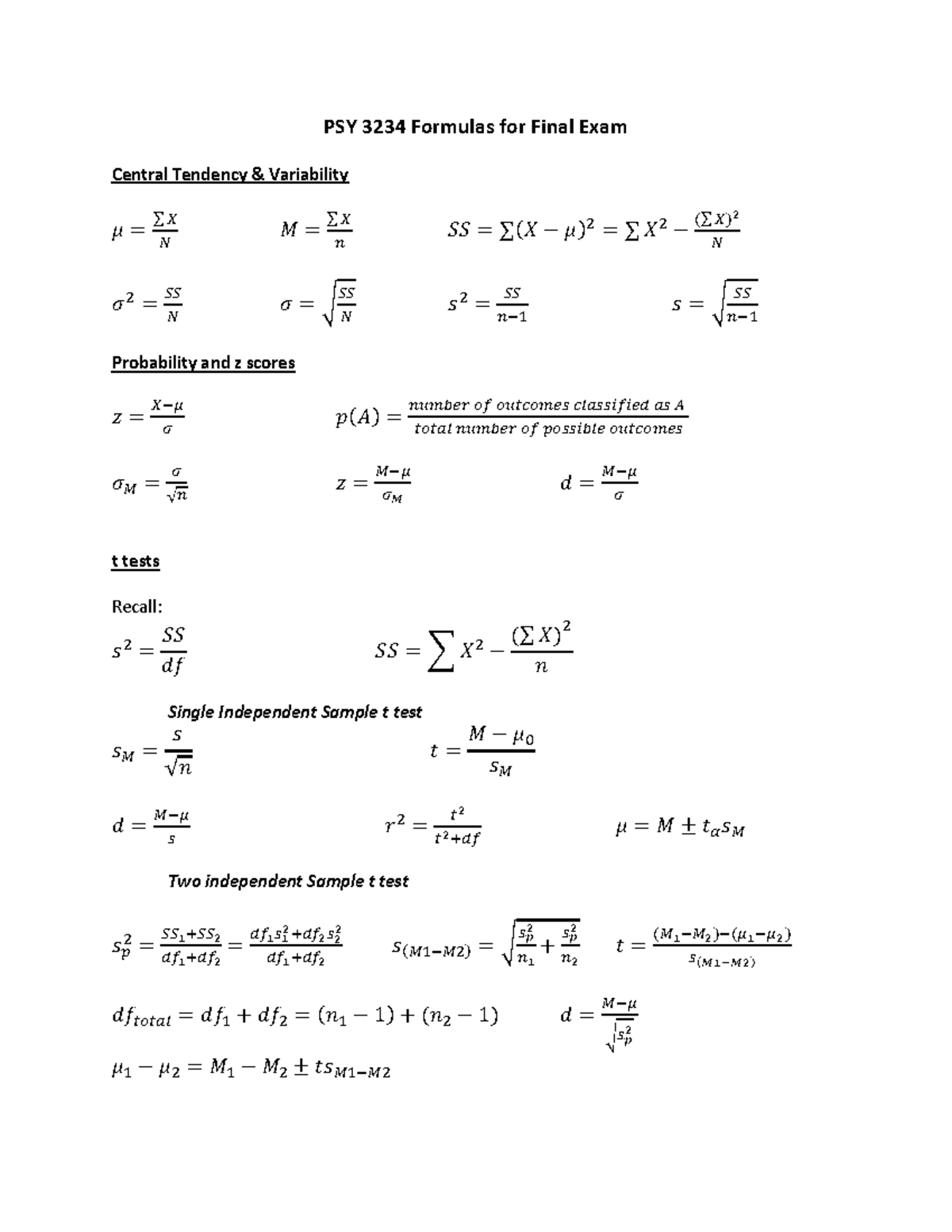 PSY 3234 Essential Formulas for Final Exam Preparation - Studocu