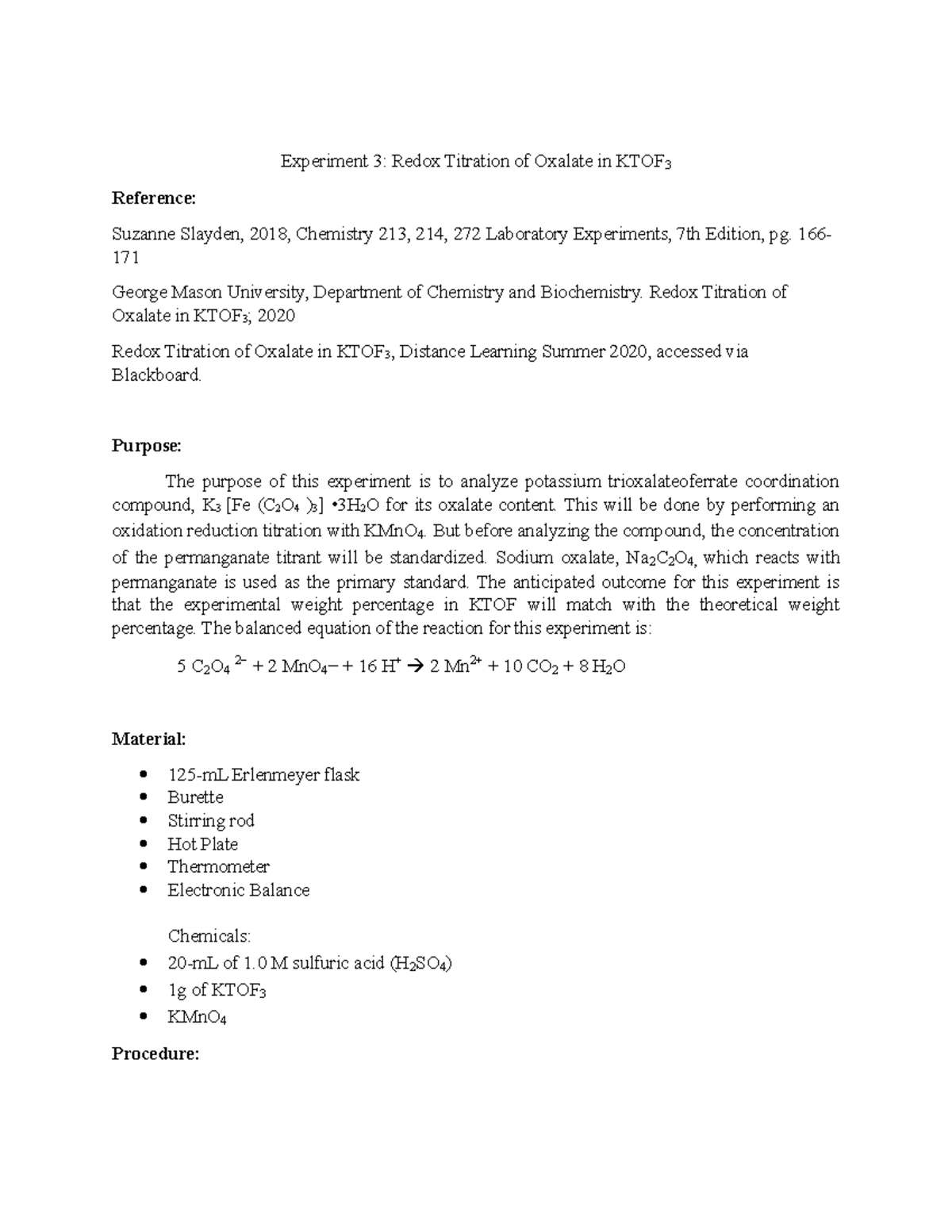 CHEM 2 LAB 4 - Redox Titration of Oxalate in KTOF Report - Studocu