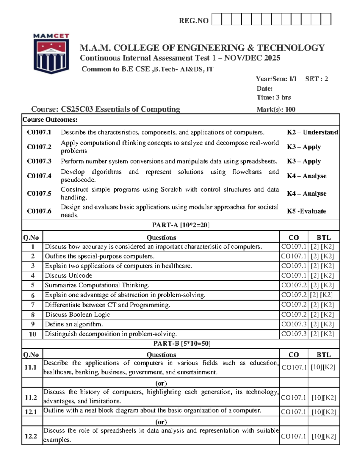 CS25C03 Continuous Internal Assessment Test 1 - EOC Question Paper 2 ...