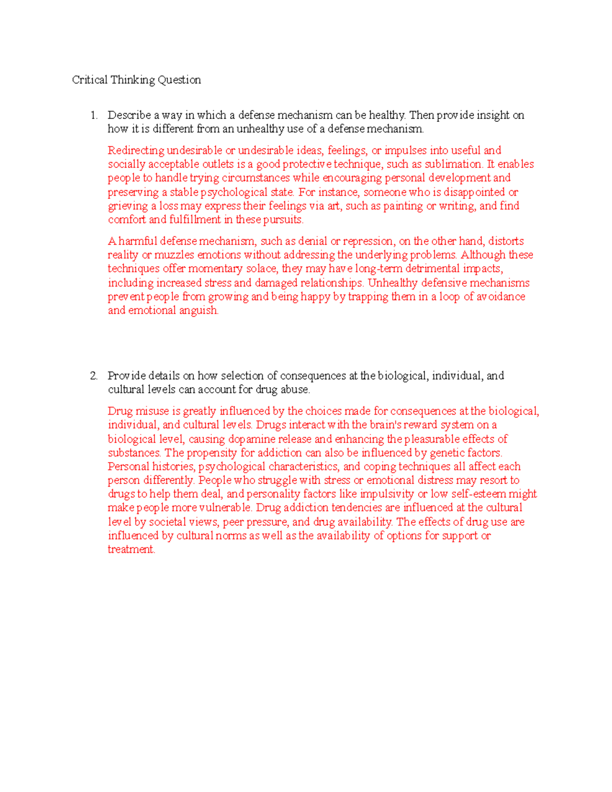 PSY 101 Critical Thinking Questions on Defense Mechanisms and Drug ...