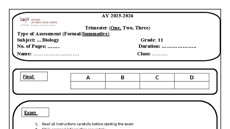 Grade 11 Biology Final Exam: AY Trimester Assessment Guide - Studocu