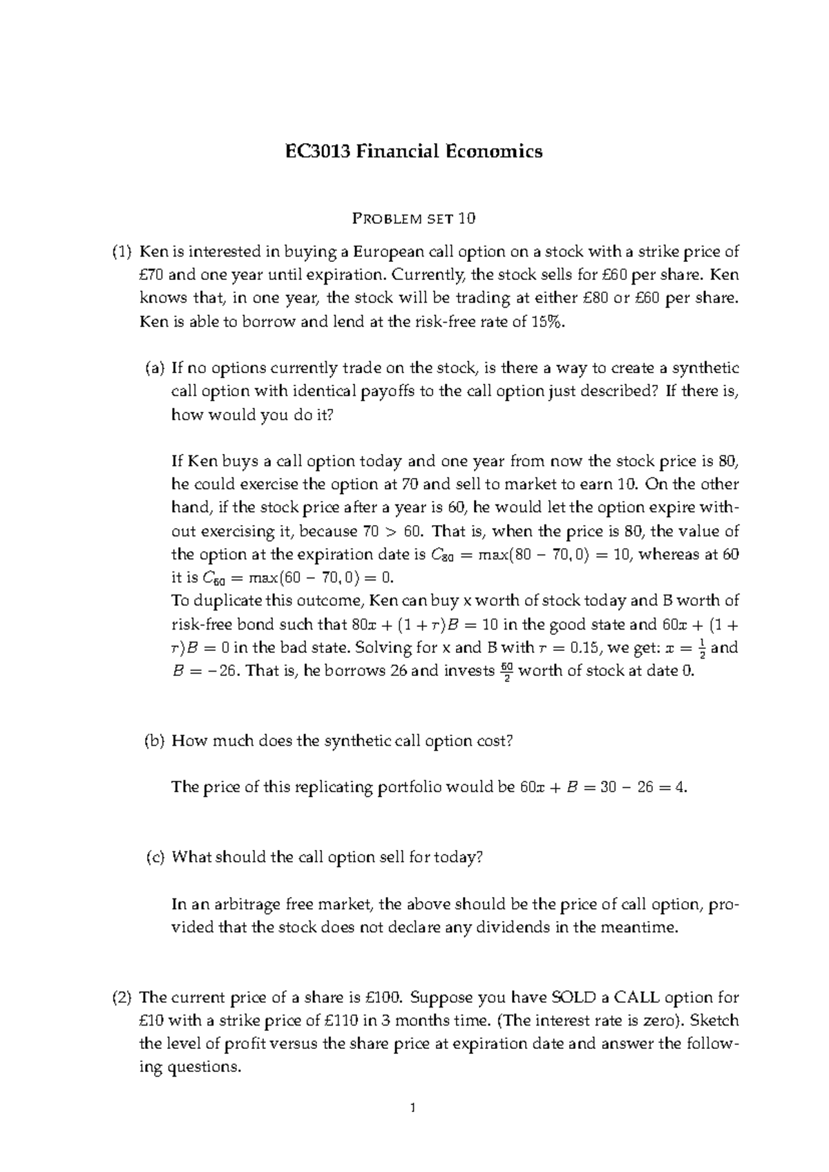 EC3013 PS 10 - Financial Economics Problem Set on Options - Studocu