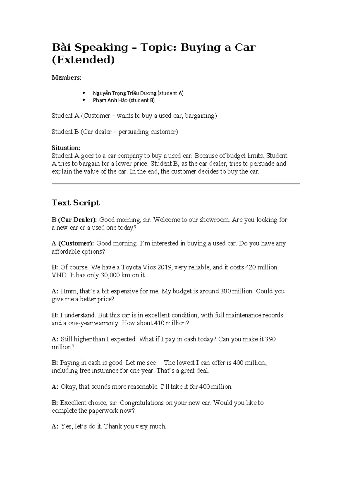 Bài Speaking Topic: Buying a Car - Role Play Script - Studocu