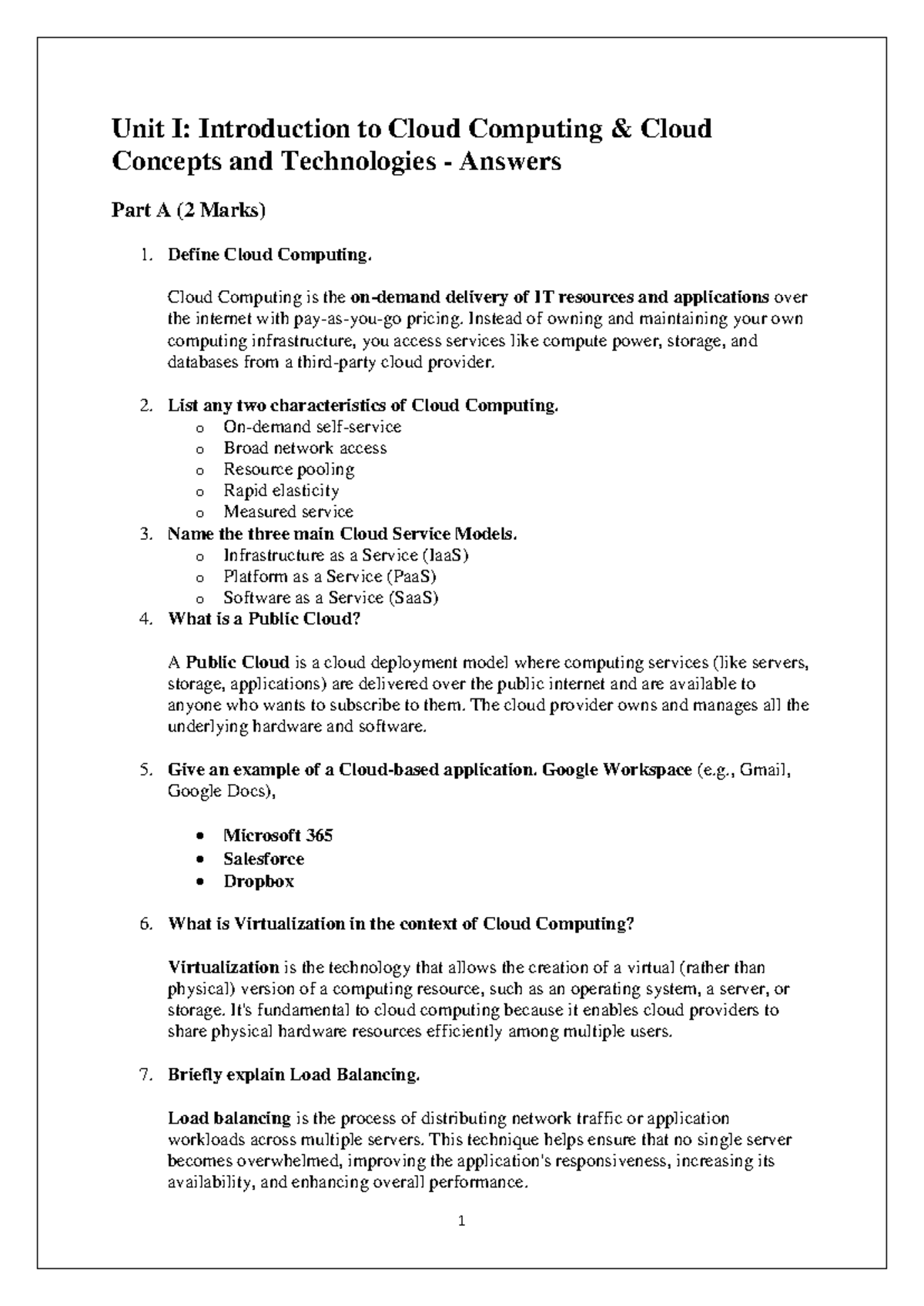 Unit I: Intro to Cloud Computing Concepts & Technologies (Part A) - Studocu