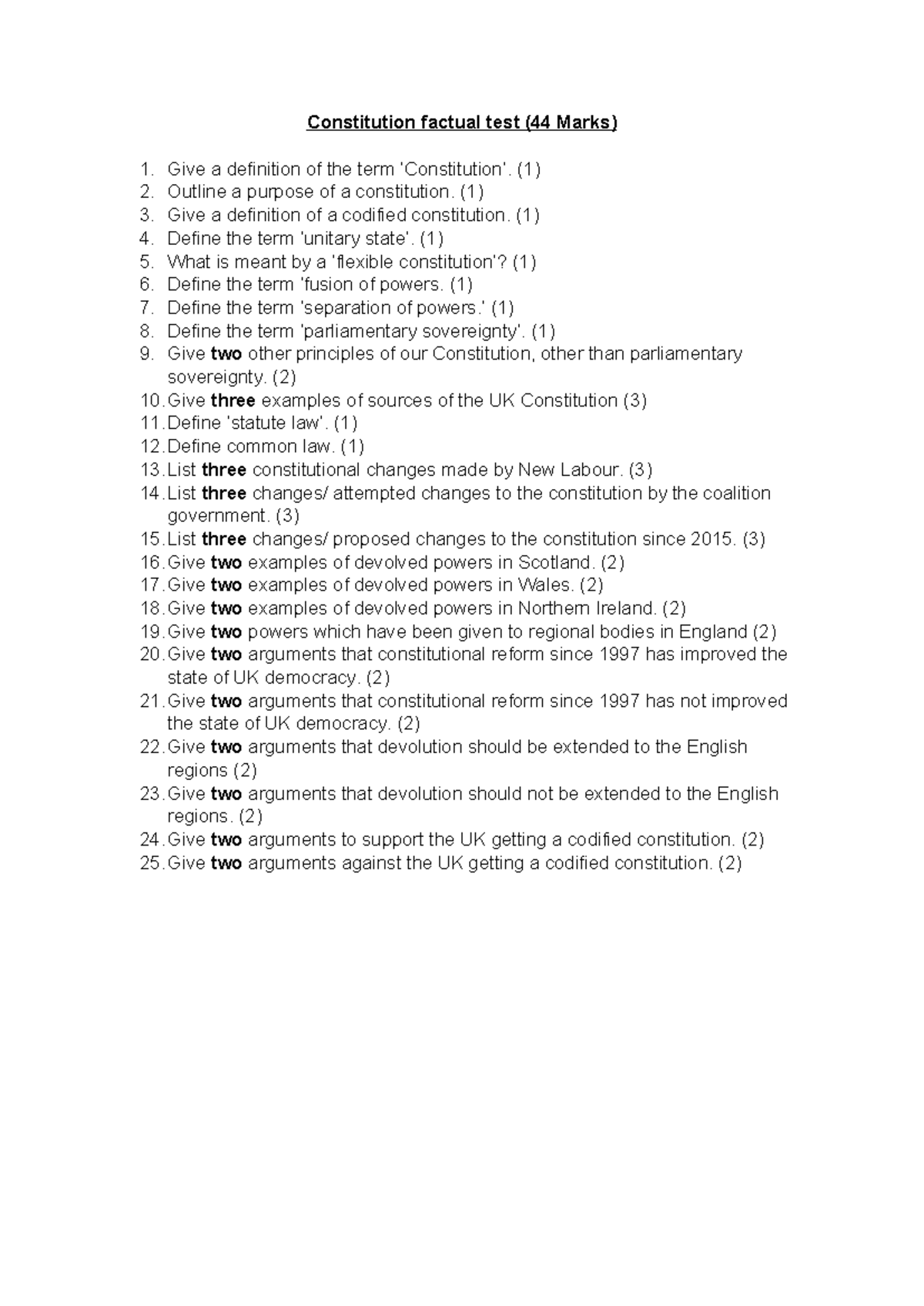 Constitution Factual Test (44 Marks) - Key Definitions & Principles ...