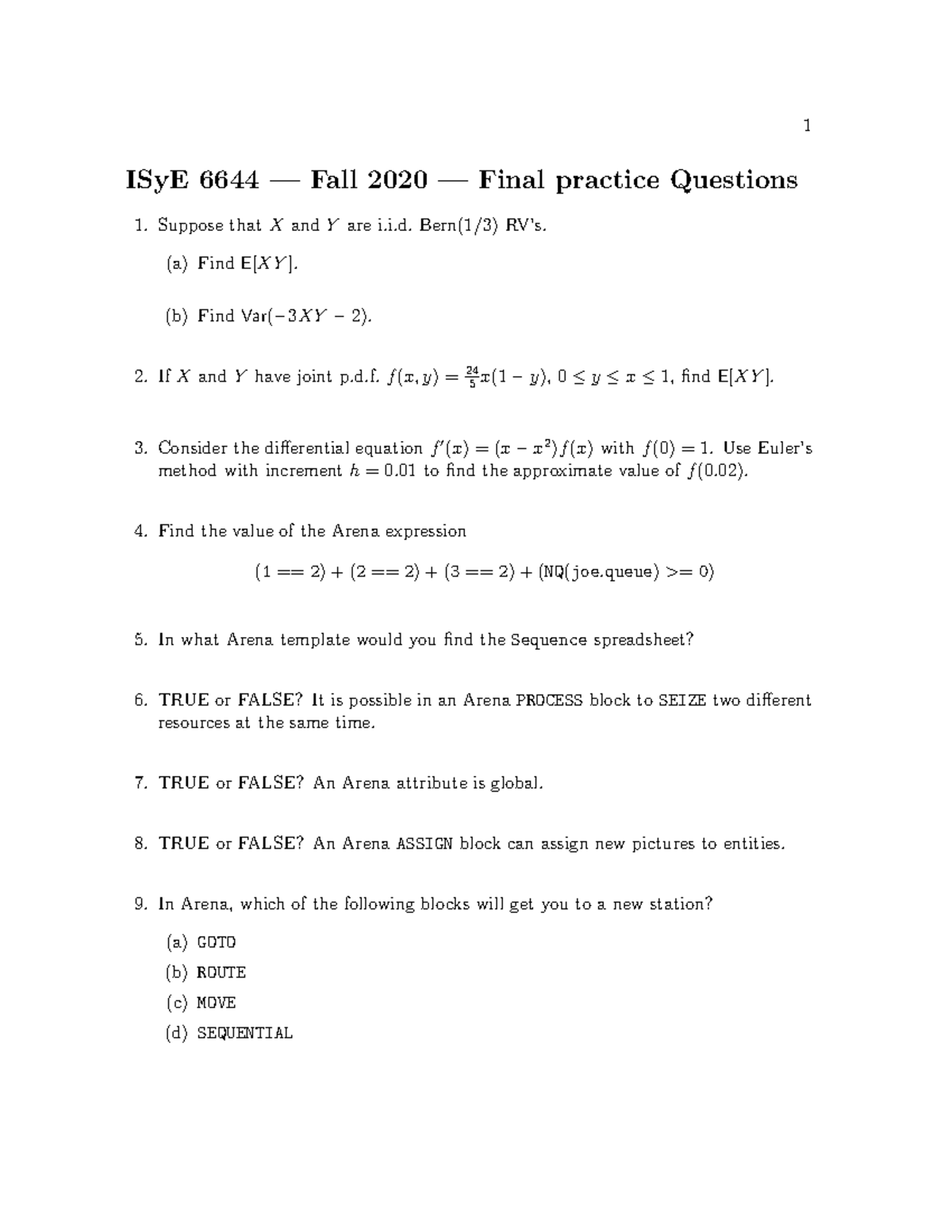 ISyE 6644 Fall 2020 Final Exam Practice Questions and Solutions - Studocu