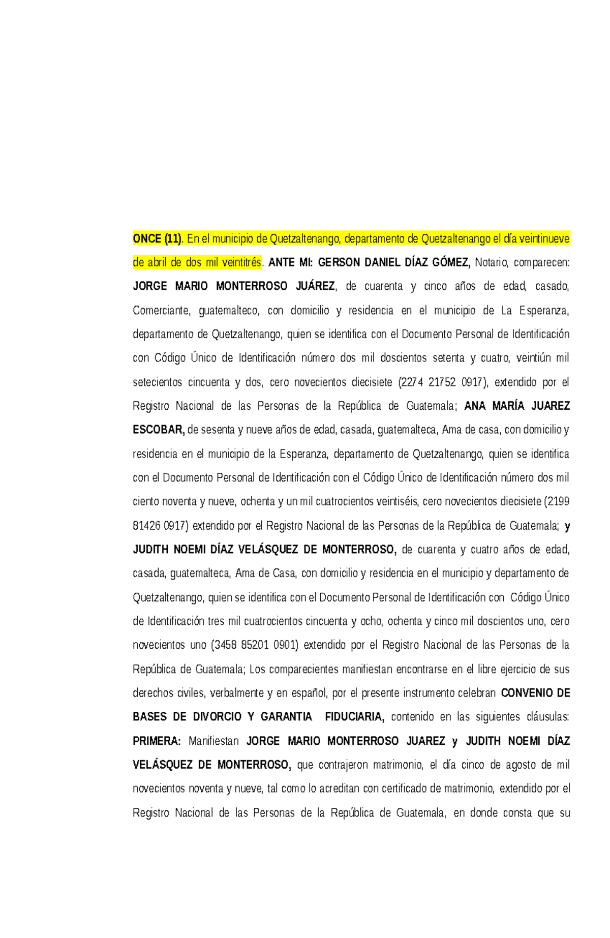 Escritura Pública de Convenio de Divorcio y Garantía Fiduciaria Kiu - Document Preview