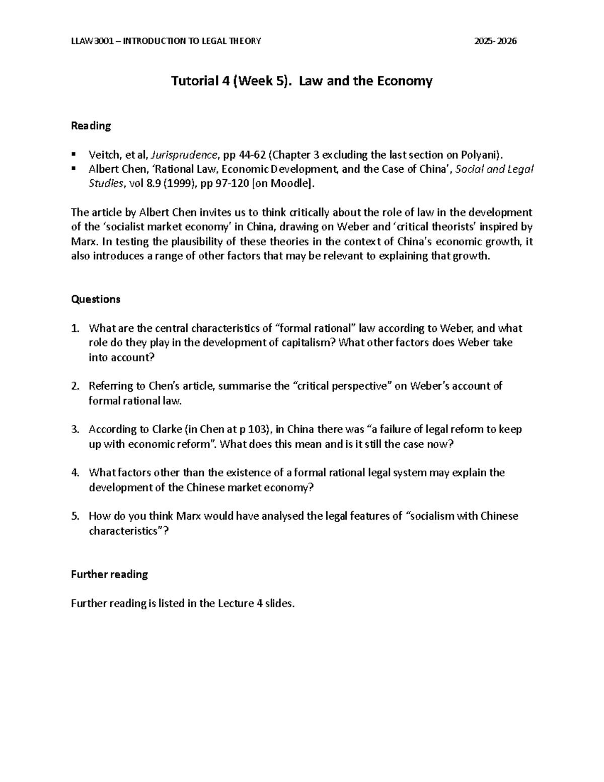 LLAW3001 Tutorial 4: Law and the Economy - Week 5 Insights - Studocu