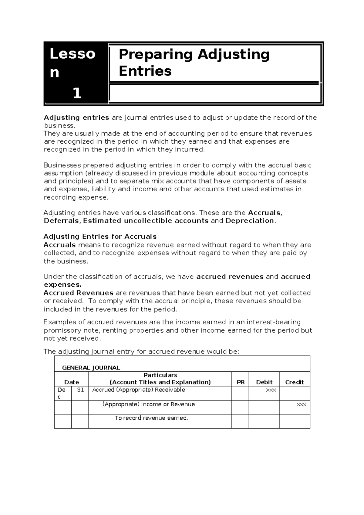 Lesson 1: Preparing Adjusting Entries for Accounting Principles ...
