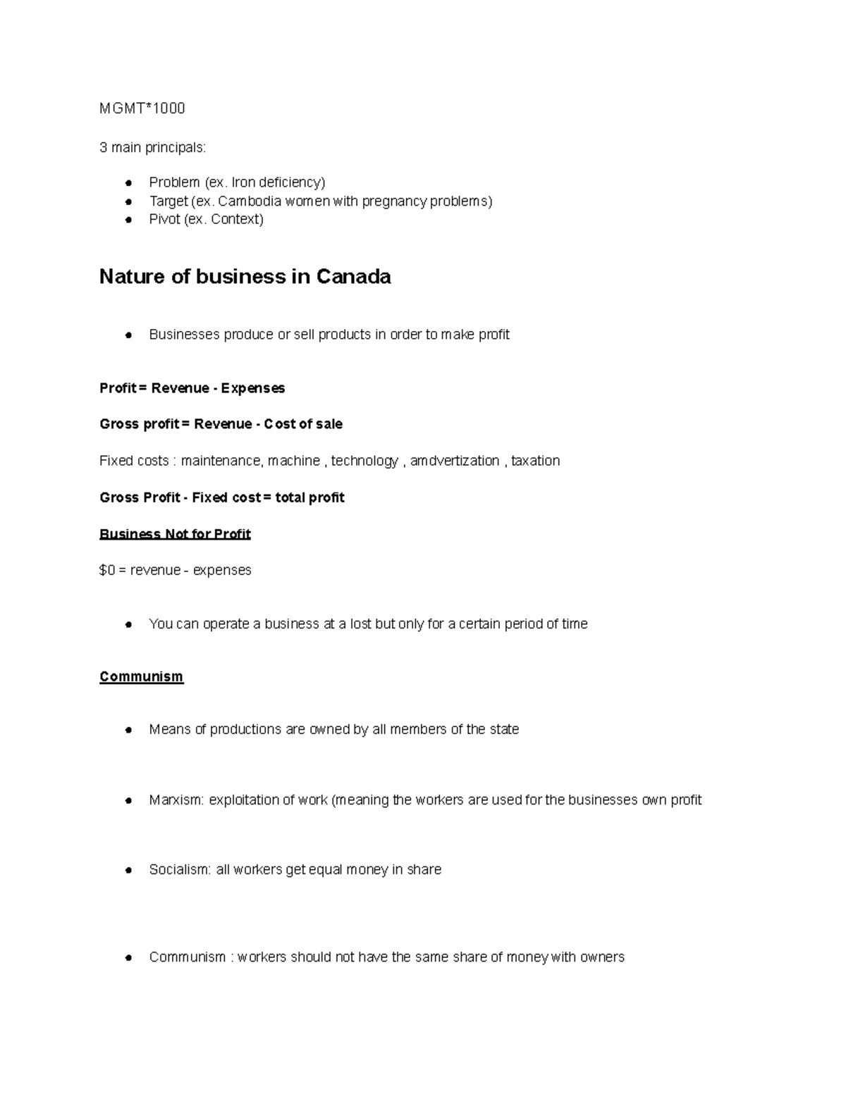 MGMT 1000 chapter 1-2 - MGMT* 3 main principals: Problem (ex. Iron ...