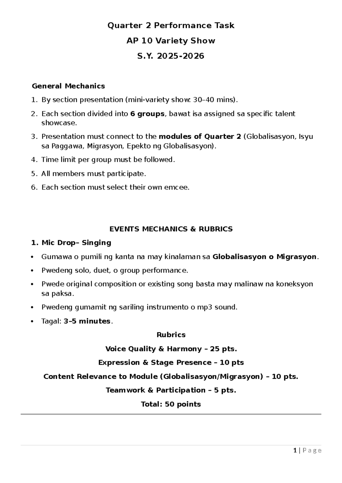 Quarter 2 Performance Task AP 10: Variety Show Mechanics and Rubrics ...