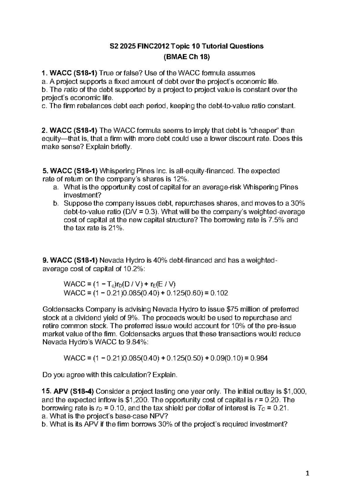 S2 2025 FINC2012 Topic 10 WACC Tutorial Questions and Solutions - Studocu