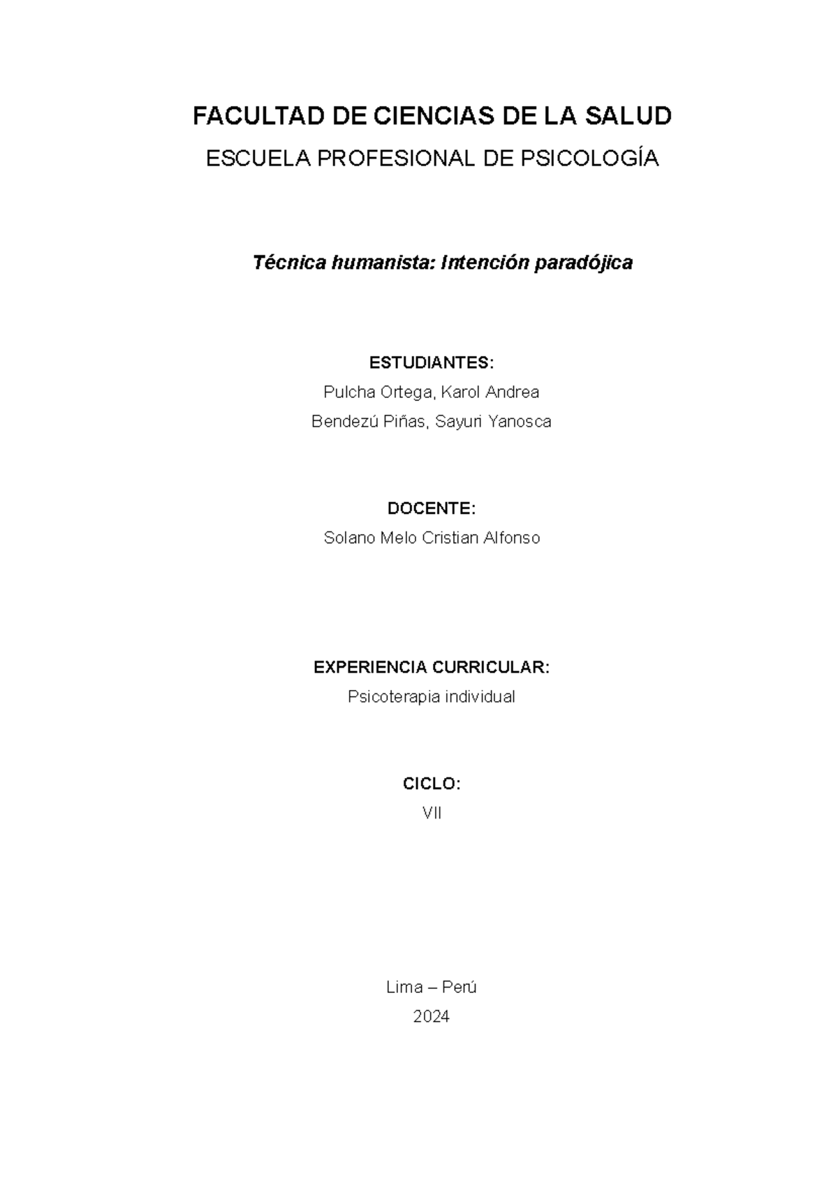 Técnica Humanista: Intención Paradójica en Psicoterapia Individual - VII -  Studocu