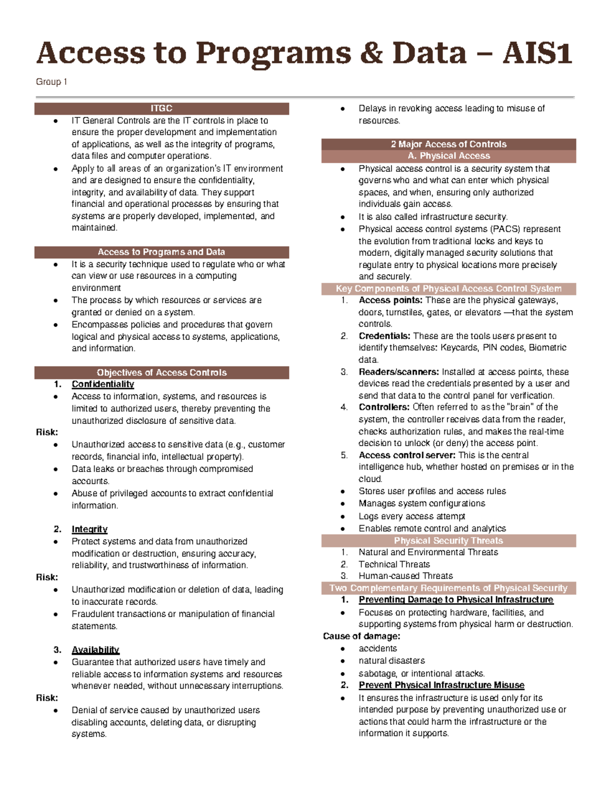AIS1 Group 1: Access to Programs Data & ITGC Risks Overview - Studocu