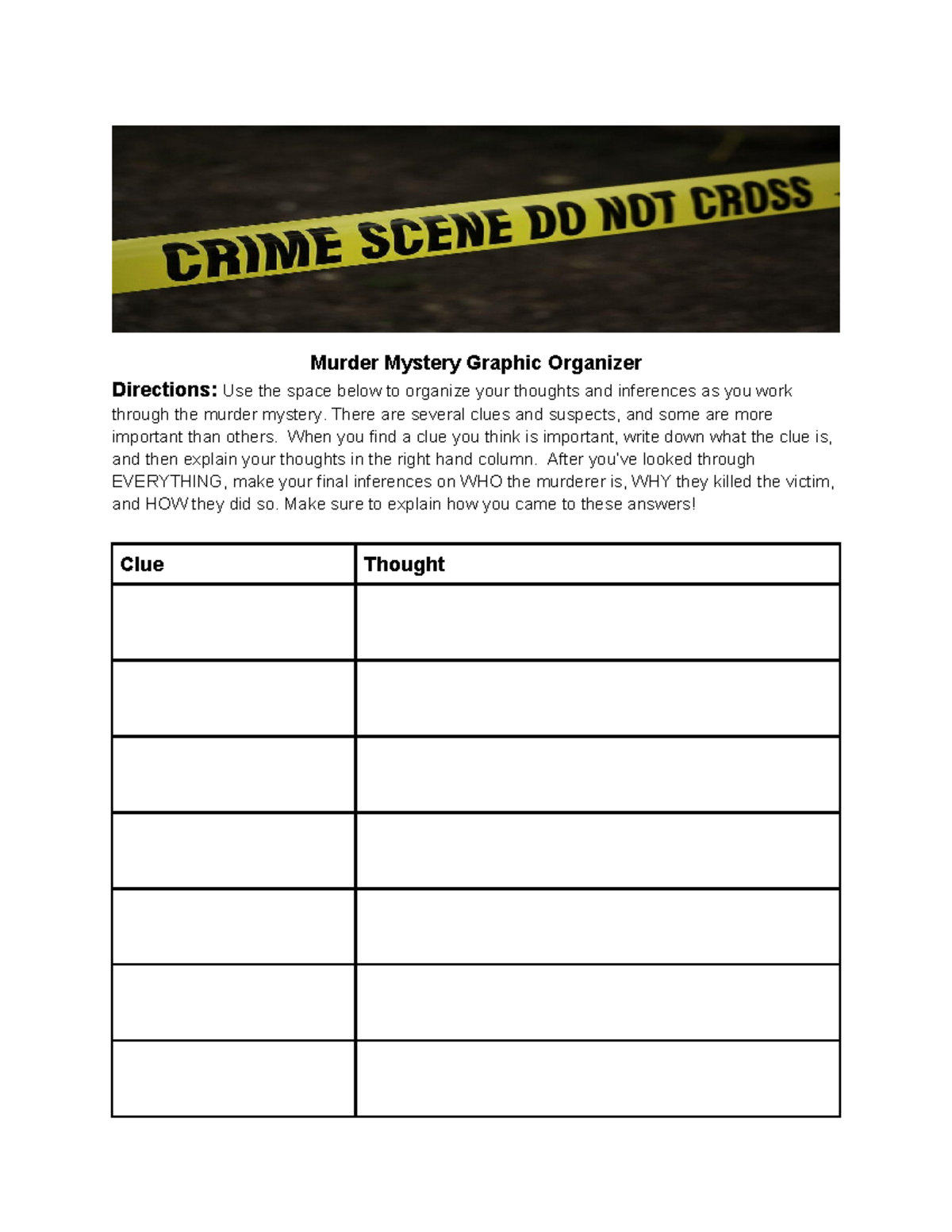 Murder Mystery Graphic Organizer: Clue Analysis & Inferences - Studocu