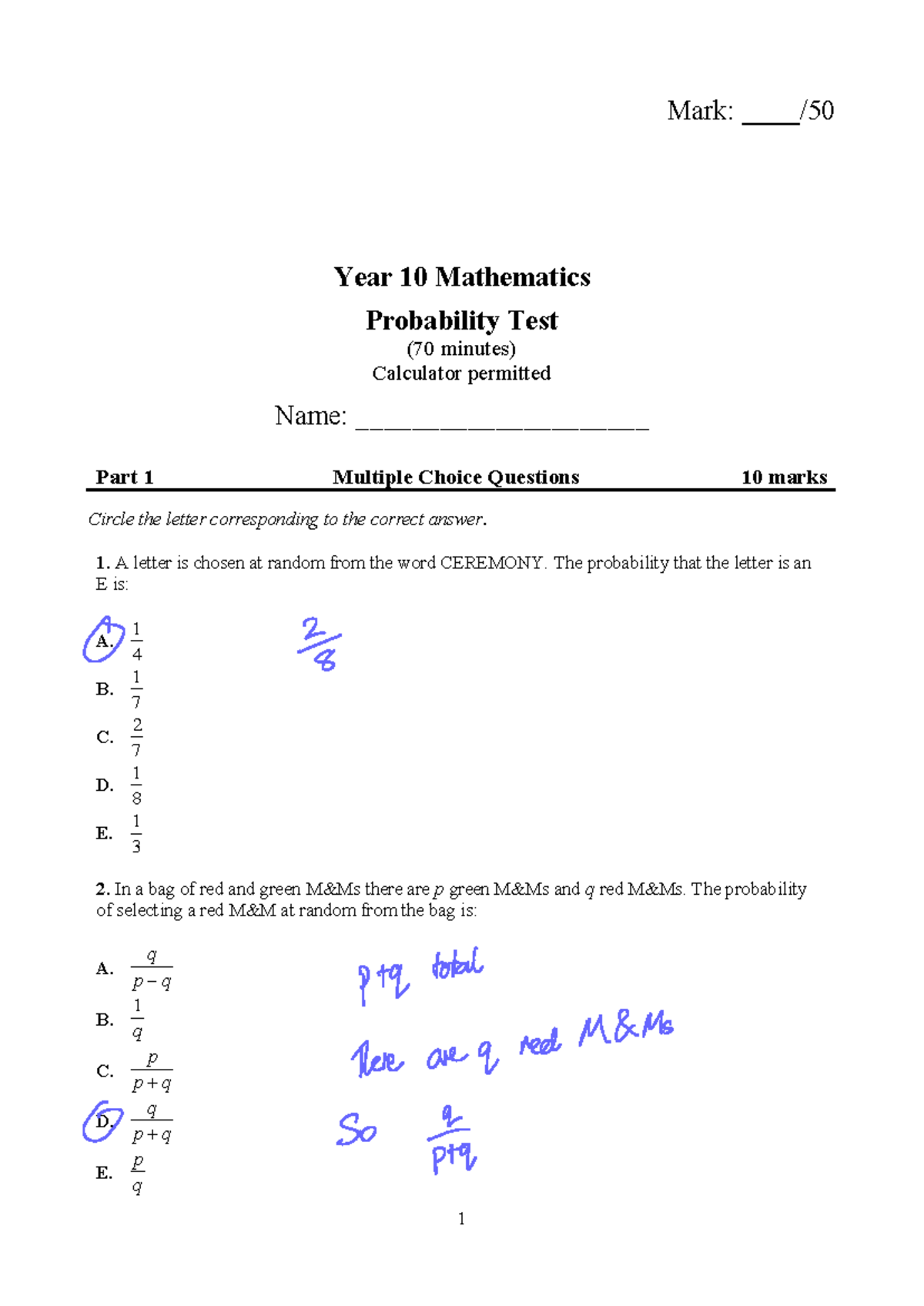Probability Test 2018 Solutions: Year 10 Mathematics Exam - Studocu